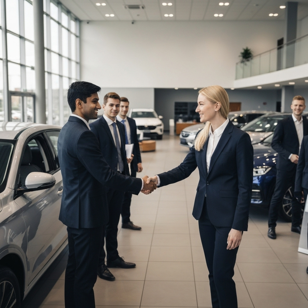 Business professionals shaking hands in automotive dealership