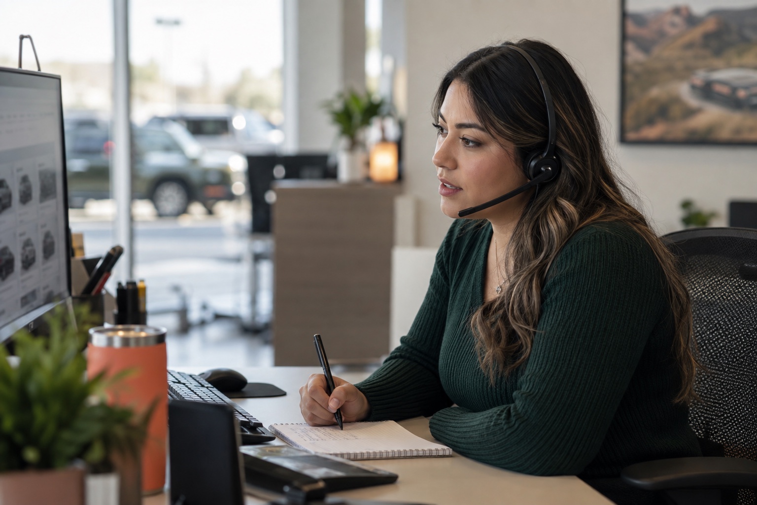 A bilingual BDC agent listening to a dealership customer and taking notes