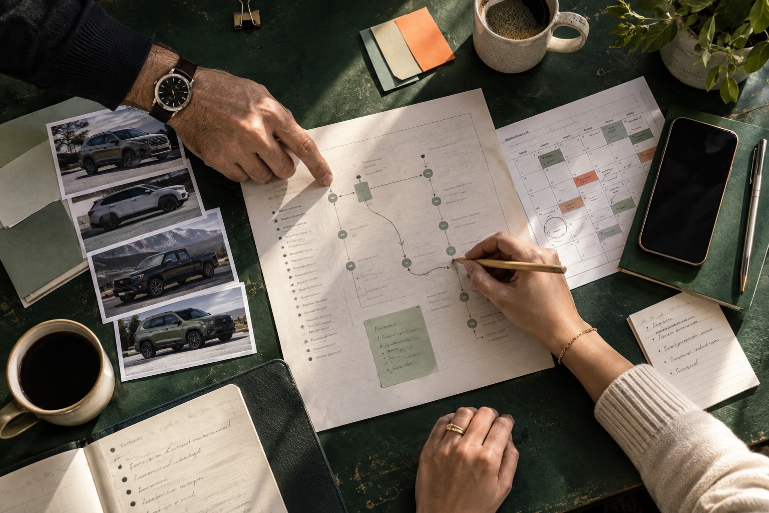 Dealership and BDC team members mapping a follow-up process with inventory and appointment information